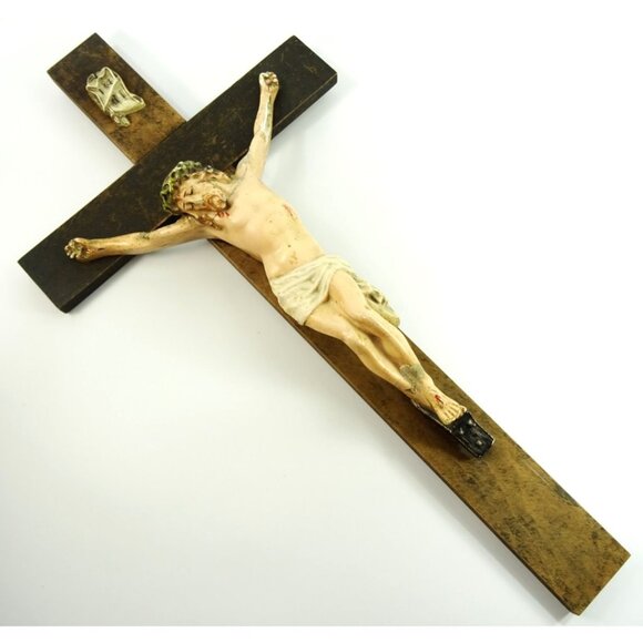 LARGE Wall Crucifix Vintage HEAVY Wear and Damage to Jesus Corpus Needs TLC - Picture 1 of 16